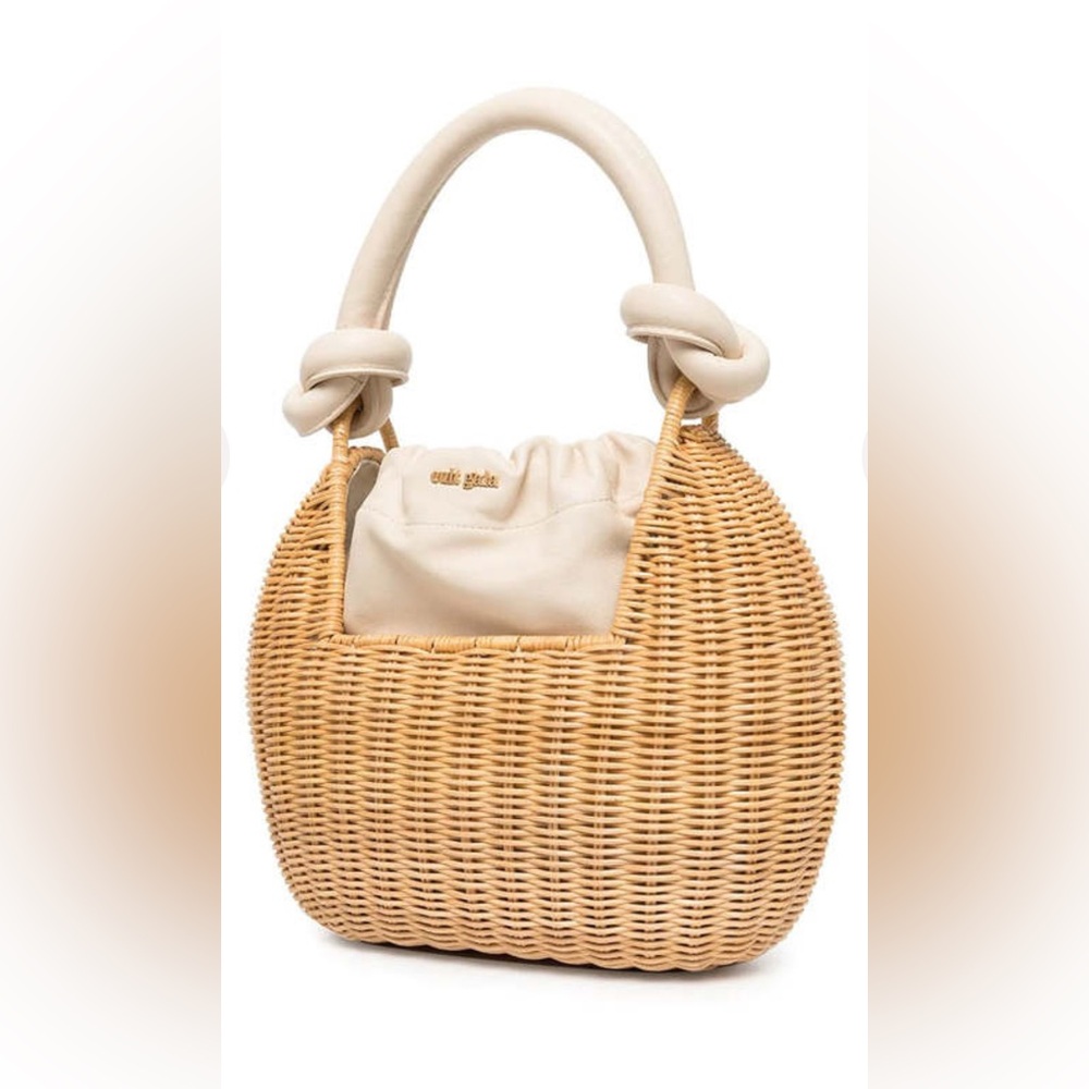 Cult Gaia Ili Woven Rattan Drawstring Shoulder Bag • Leather Trim w/ Dust Bag